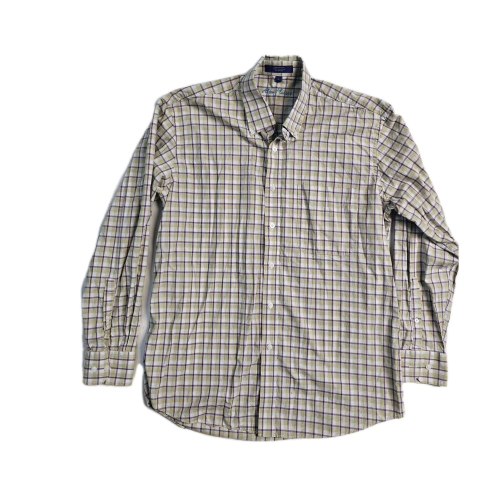 Alan Flusser Shirt Men's Large Brown White Check Long Sleeve Button Down